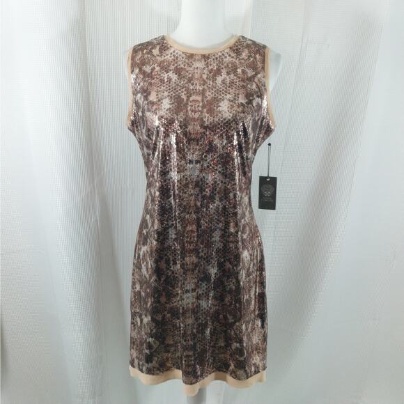 NWT@$128! VINCE CAMUTO! GOLD & AMBER BROWN MOTTLED SEQUINNED SHEATH DRESS! SZ 10 - Picture 2 of 10
